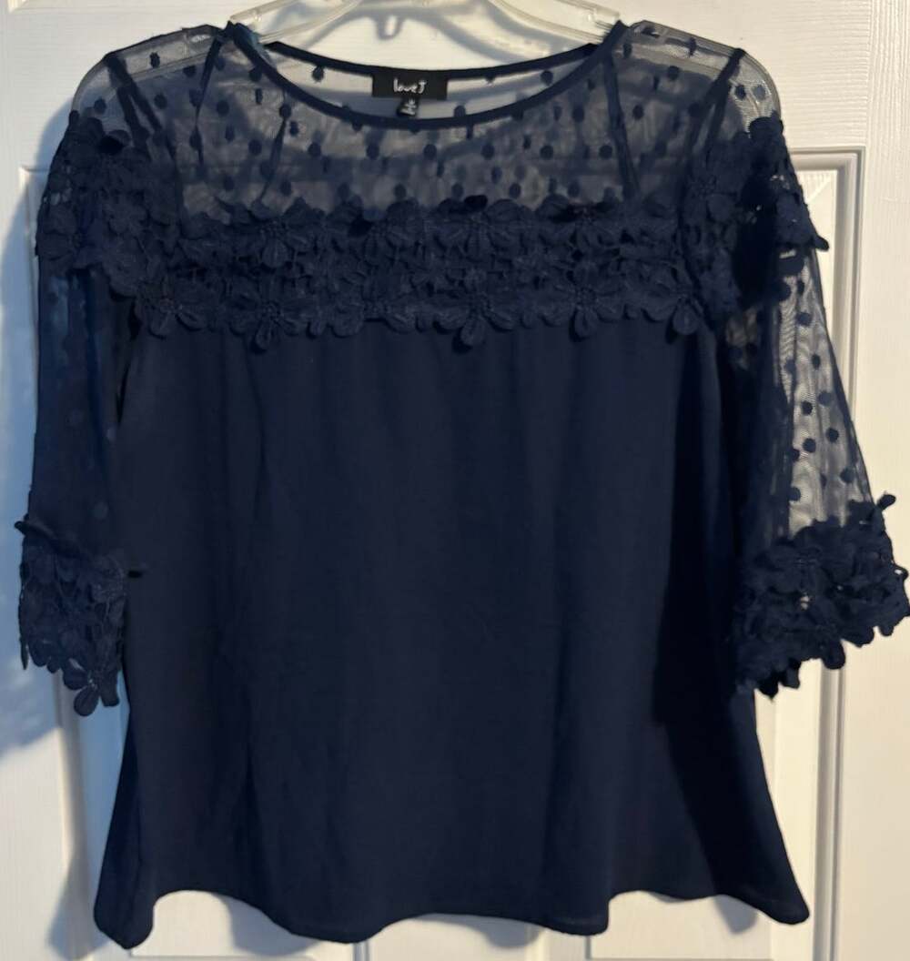 Love J Navy Blue Mesh Swiss Dot Lace Top Womens Medium